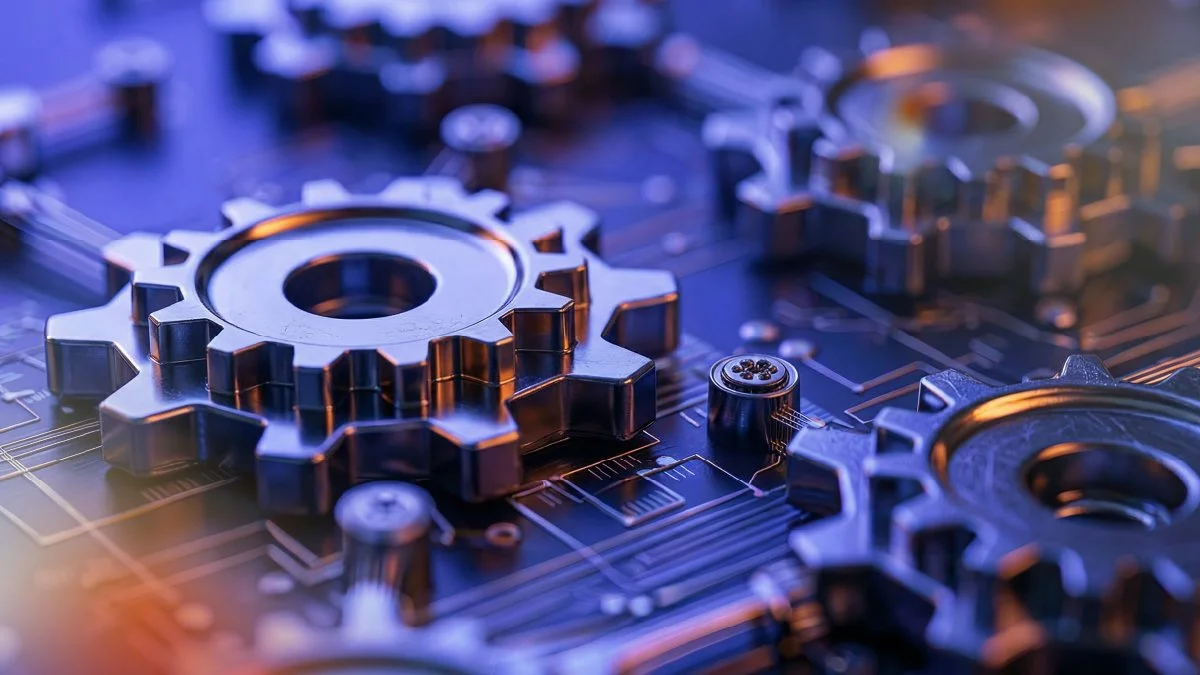 Metal gears connected on a digital circuit board, symbolizing automated systems working together to optimize processes and performance.