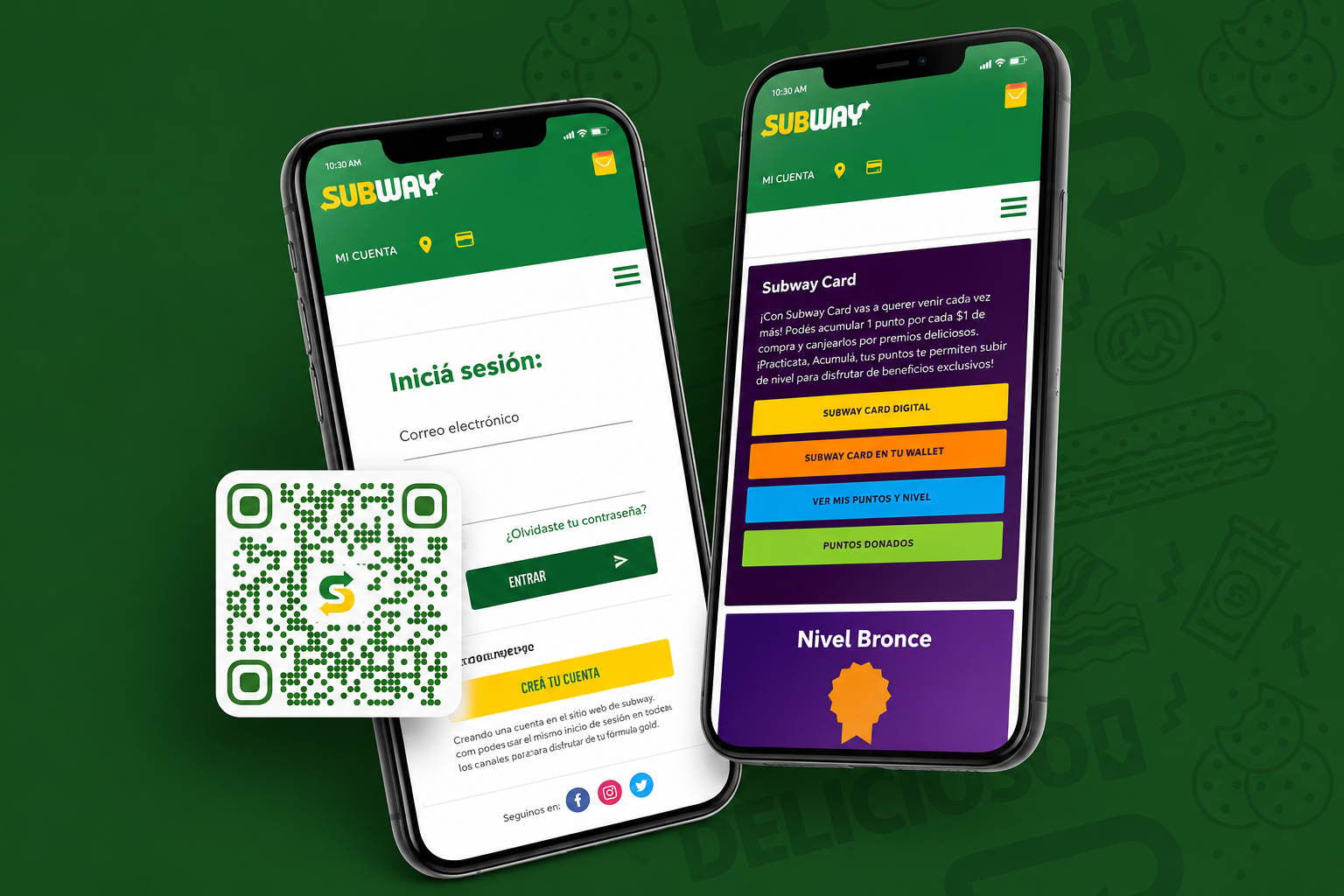 Dois smartphones exibindo as telas do aplicativo Subway, um mostrando a página de login e o outro mostrando as opções do cartão Subway, com um código QR sobreposto na tela de login, contra um fundo verde com padrões sutis relacionados a alimentos.