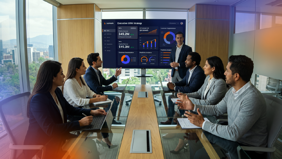 Business team reviewing an executive CRM dashboard with revenue, customer segmentation, forecasts, and predictive analytics.
