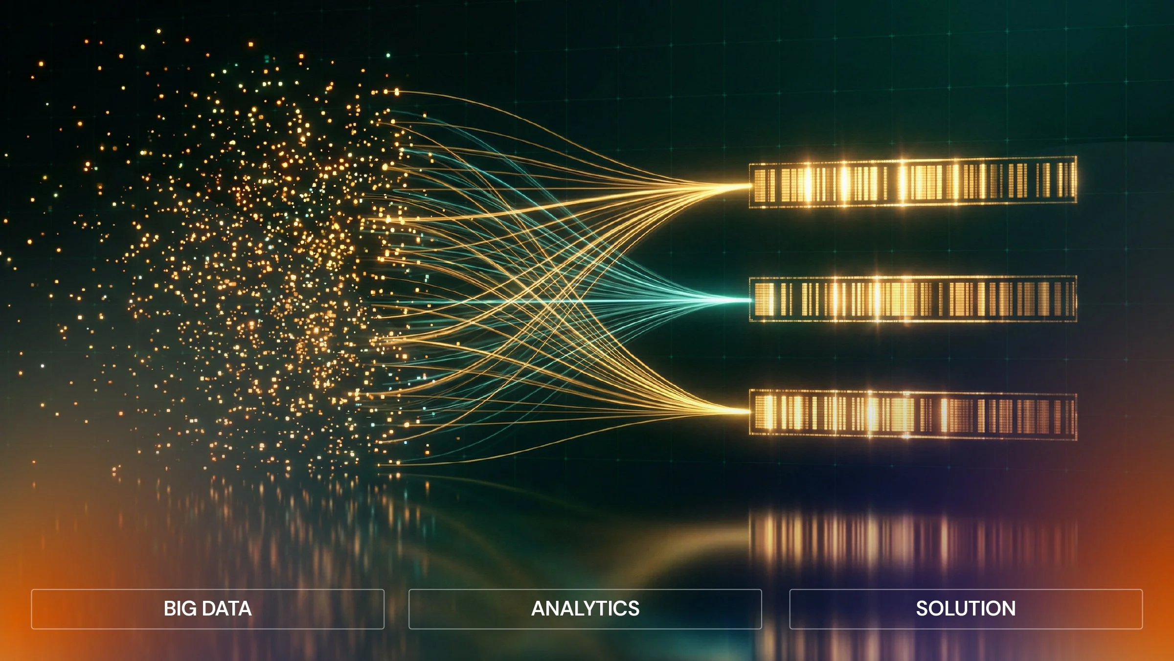 Visualization of data streams transforming into structured outputs labeled big data, analytics and solution, representing data-driven decision-making in media strategy.