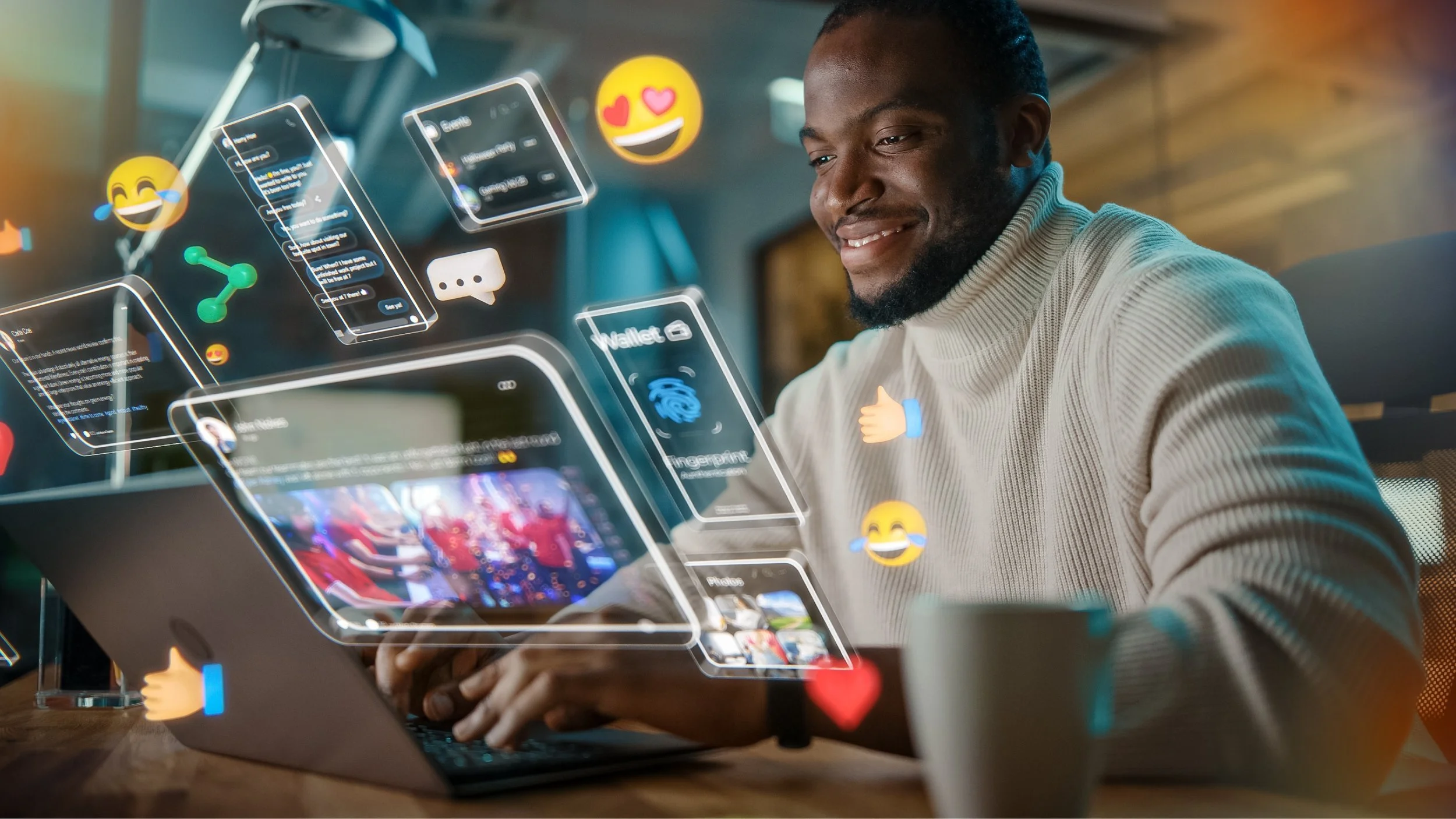 Professional using a laptop surrounded by digital interface elements and social interactions, representing data-driven customer understanding and engagement insights.
