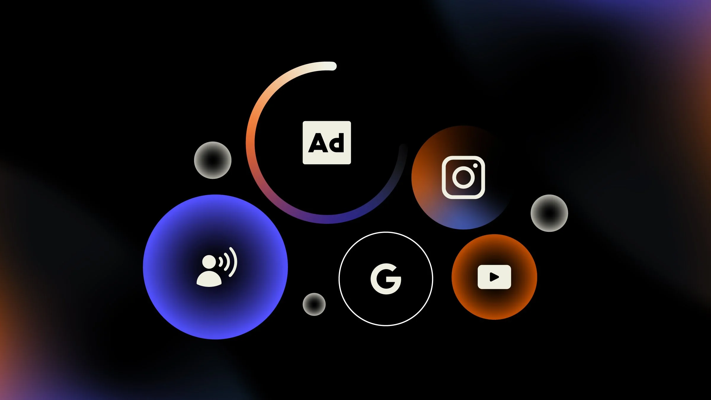 Ilustração abstrata de mídias digitais e plataformas de publicidade interconectadas, representando um ecossistema de mídia orquestrado e integrado.