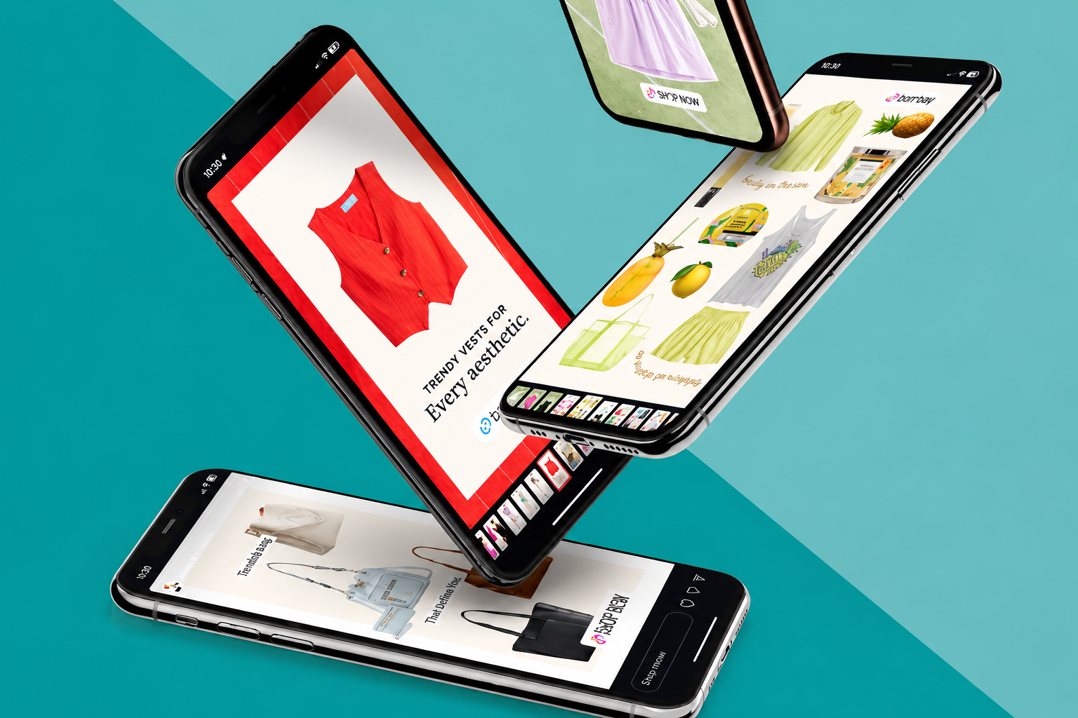 Quatro smartphones exibindo várias páginas de compras online, incluindo roupas, decoração para casa e acessórios, contra um fundo dividido em azul-petróleo e azul claro.