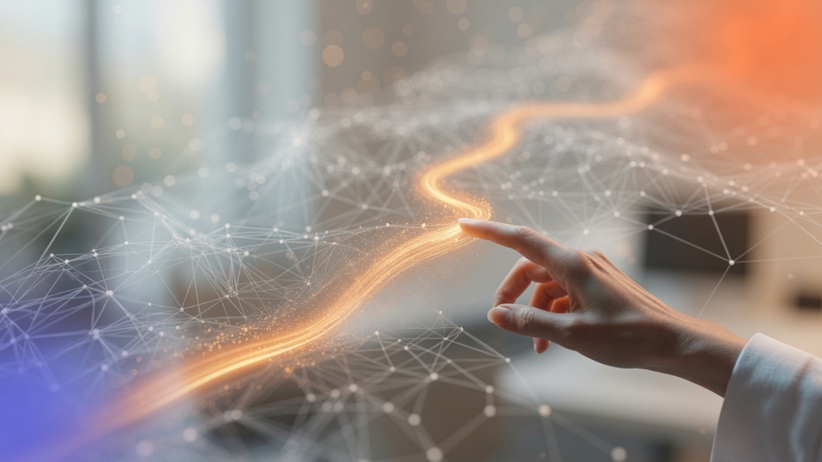 Hand interacting with a glowing digital network that symbolizes artificial intelligence and connected data, illustrating collaboration between human decision-making and AI-powered business processes.