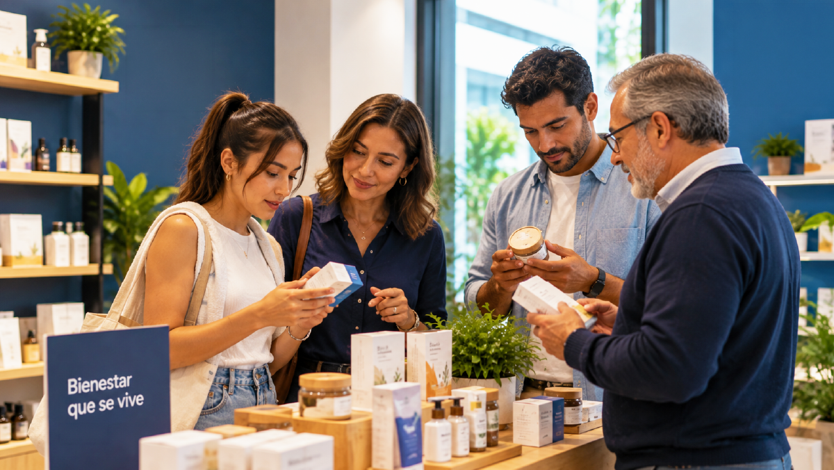Group of consumers examining product details in a retail store, representing the real-world buyer behaviors and decision-making patterns that guide strategic innovation.