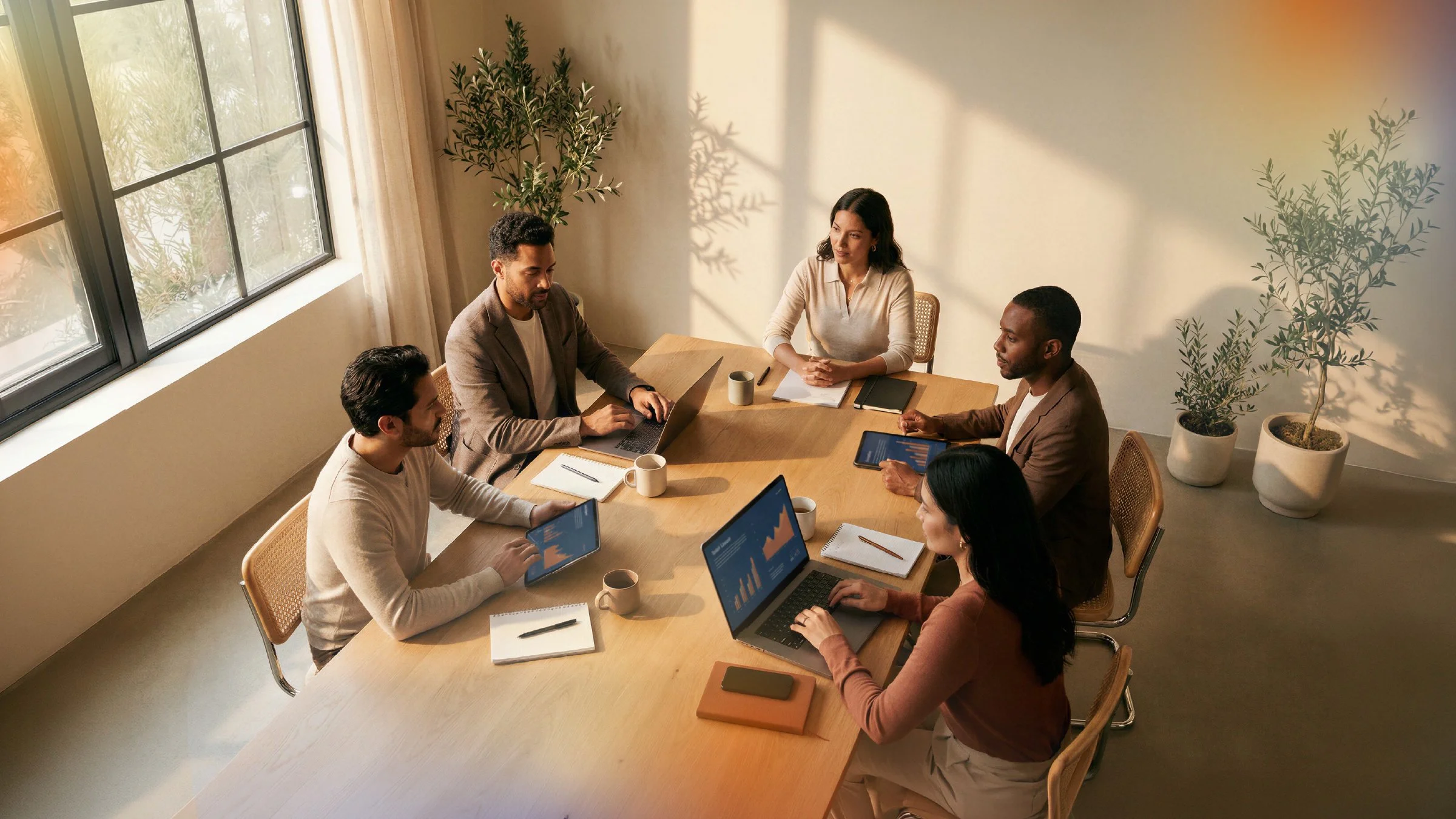 Team of professionals in a meeting reviewing performance data on laptops and tablets, representing collaboration between internal teams and a media solutions agency.