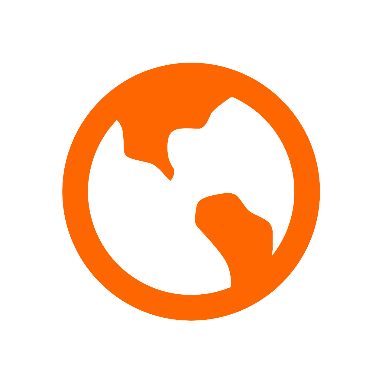 A black and orange graphic icon of the Earth with a circle around it, featuring a stylized representation of the continents.