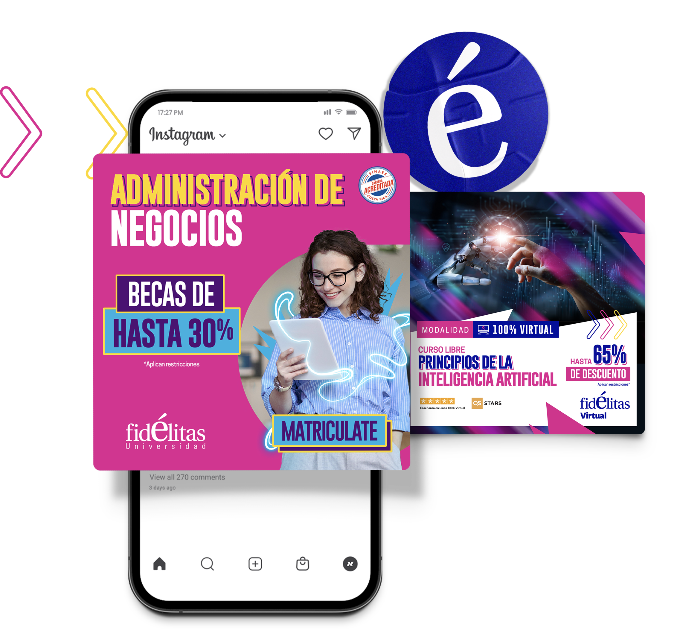 Advertisement for Fidélitas University promoting scholarships of up to 30%, free courses on artificial intelligence with discounts up to 65%, featuring digital graphics, a smartphone display, and the university logo.