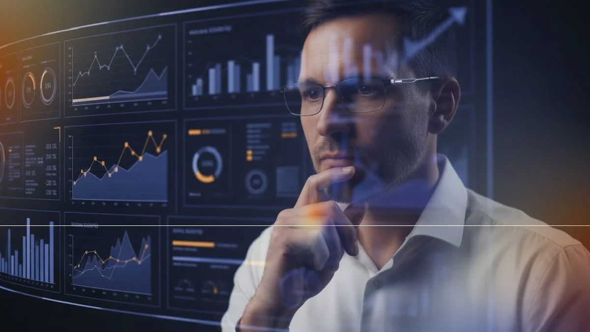 Professional analyzing dashboards with performance charts and metrics, representing the monitoring and optimization of automated media campaigns.