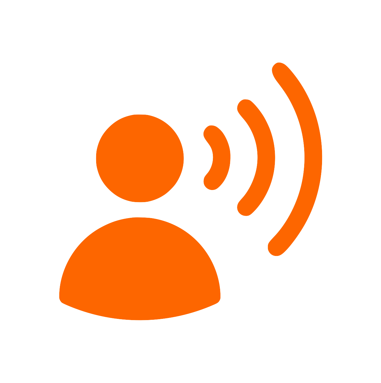 Icon of a person speaking with sound waves symbolizing voice or communication.