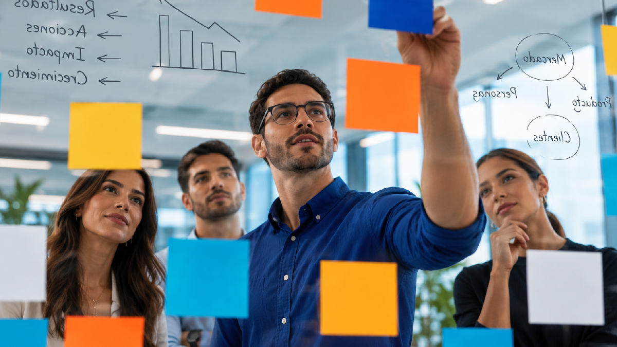 Team of professionals analyzing behavioral diagrams and sticky notes on a glass board, representing the process of translating consumer insights into business strategy.