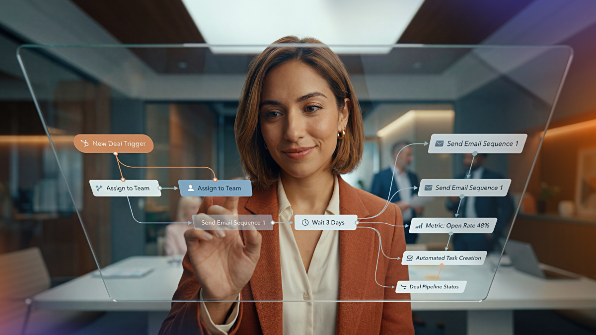 Business professional interacting with a visual workflow builder showing automated triggers, actions, email sequences, and task creation, representing HubSpot workflow automation and process orchestration.