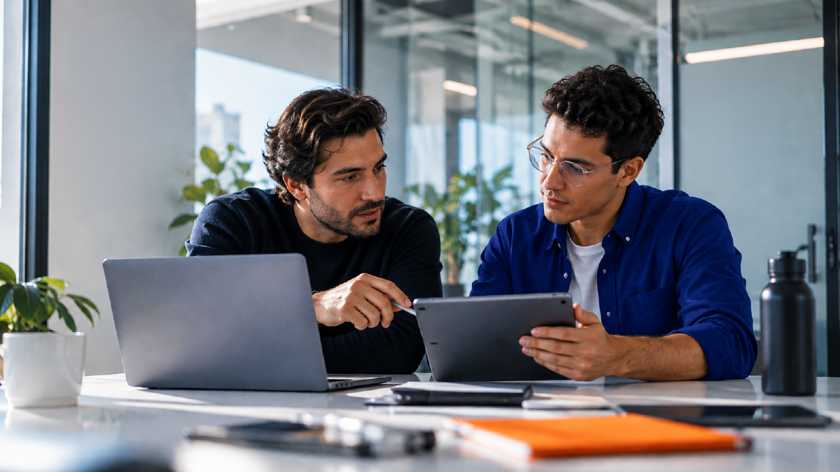 Two business professionals reviewing and analyzing marketing performance metrics on a portable tablet, representing the modernization of commercial strategy in traditional industries.