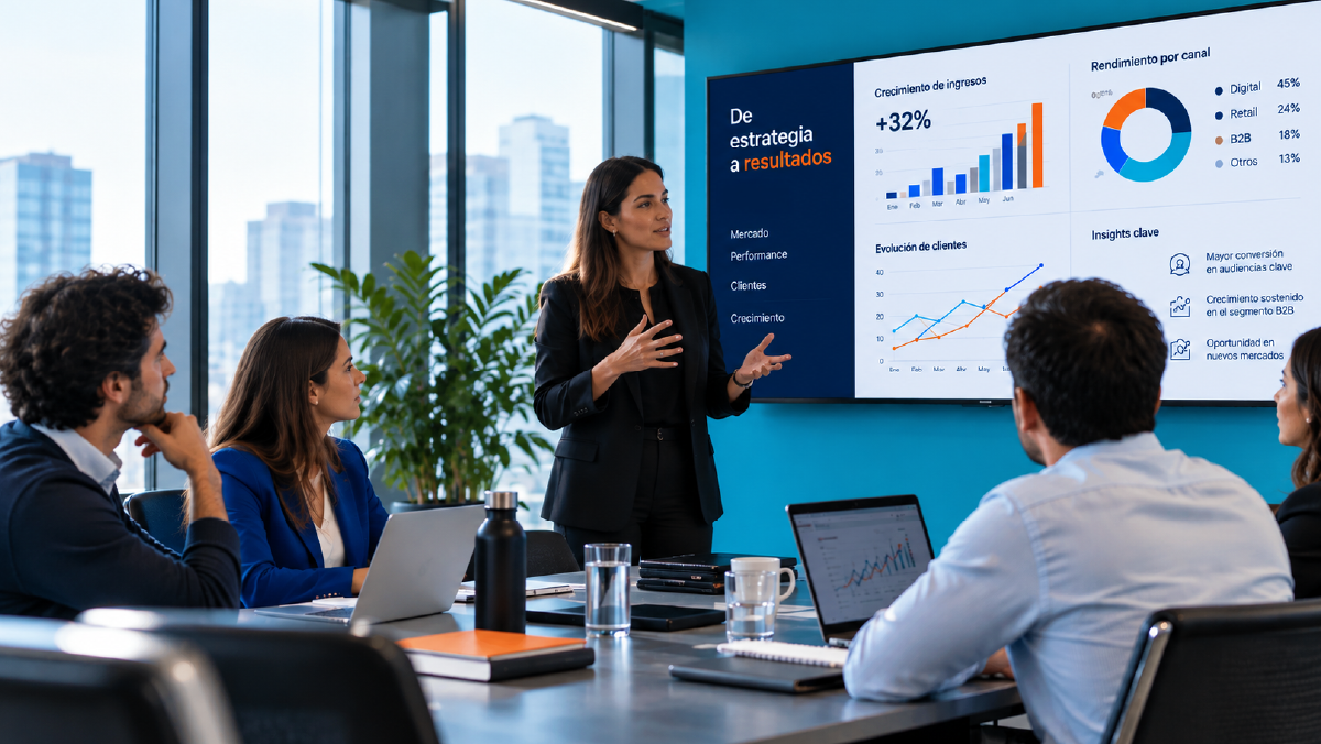 Boardroom setting where a management team analyzes growth charts and performance dashboards on a projection screen, representing unified commercial execution and strategic decision-making.