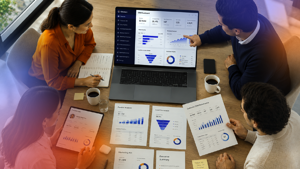 Business team analyzing a CRM dashboard, sales pipeline, conversion metrics, customer insights, and marketing performance during a collaborative meeting.
