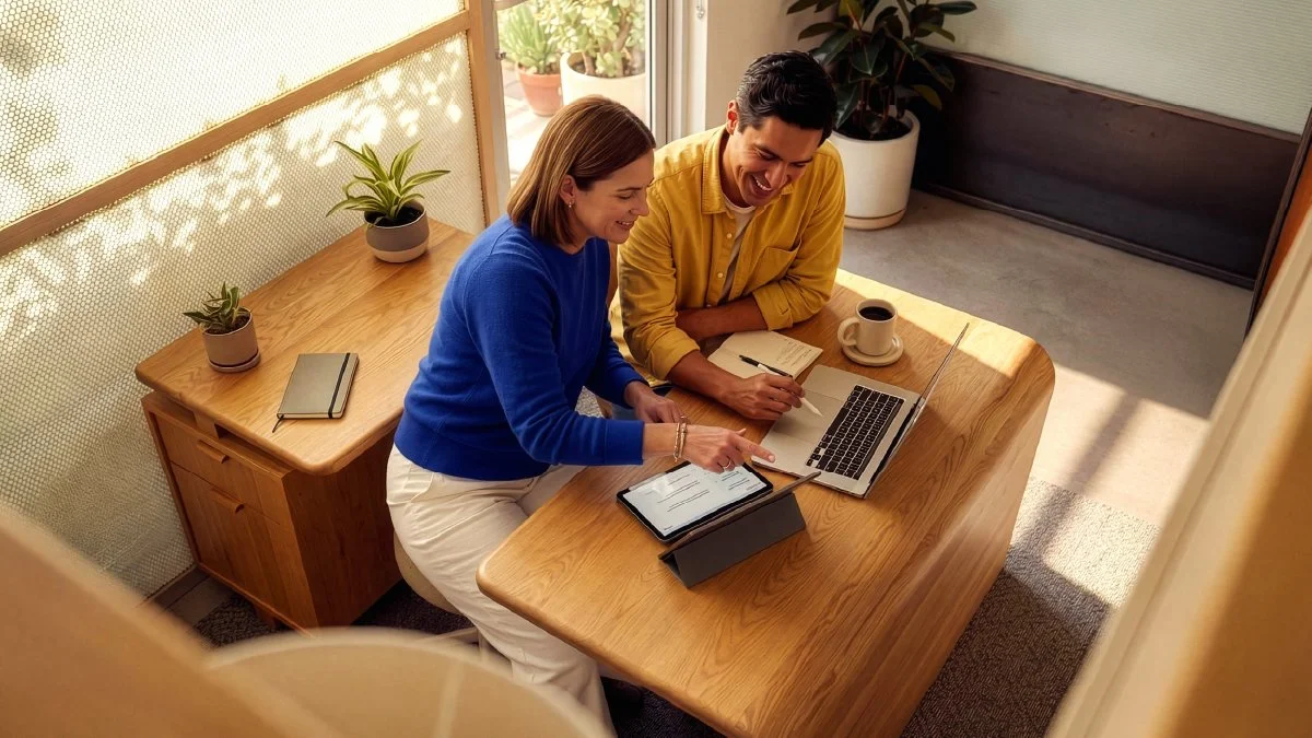 Two professionals reviewing data and strategy on a tablet and laptop during a marketing planning session.