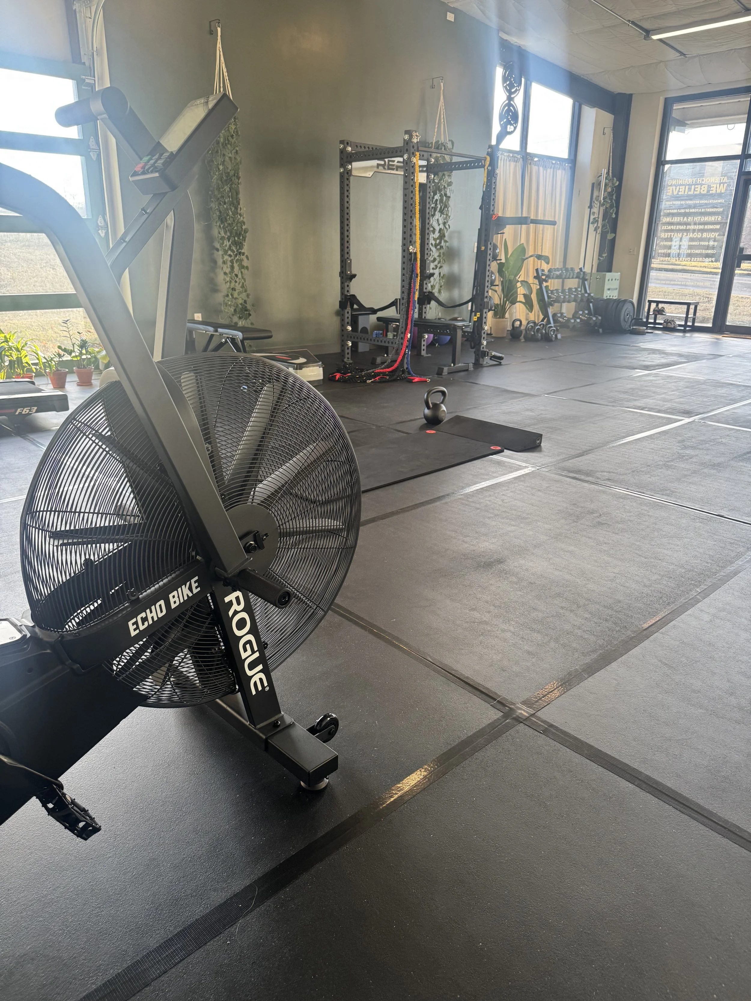 Inside a gym with various workout equipment including a Rogue Echo Bike, kettlebells, and a power rack.
