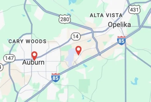 Map showing locations of Auburn, Carroll Woods, Alta Vista, Opelika, and nearby highways including I-85, highway 147, 280, and 14.