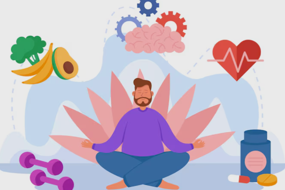 A person practicing meditation surrounded by healthy foods, exercise equipment, supplements, and symbols of health and wellness.
