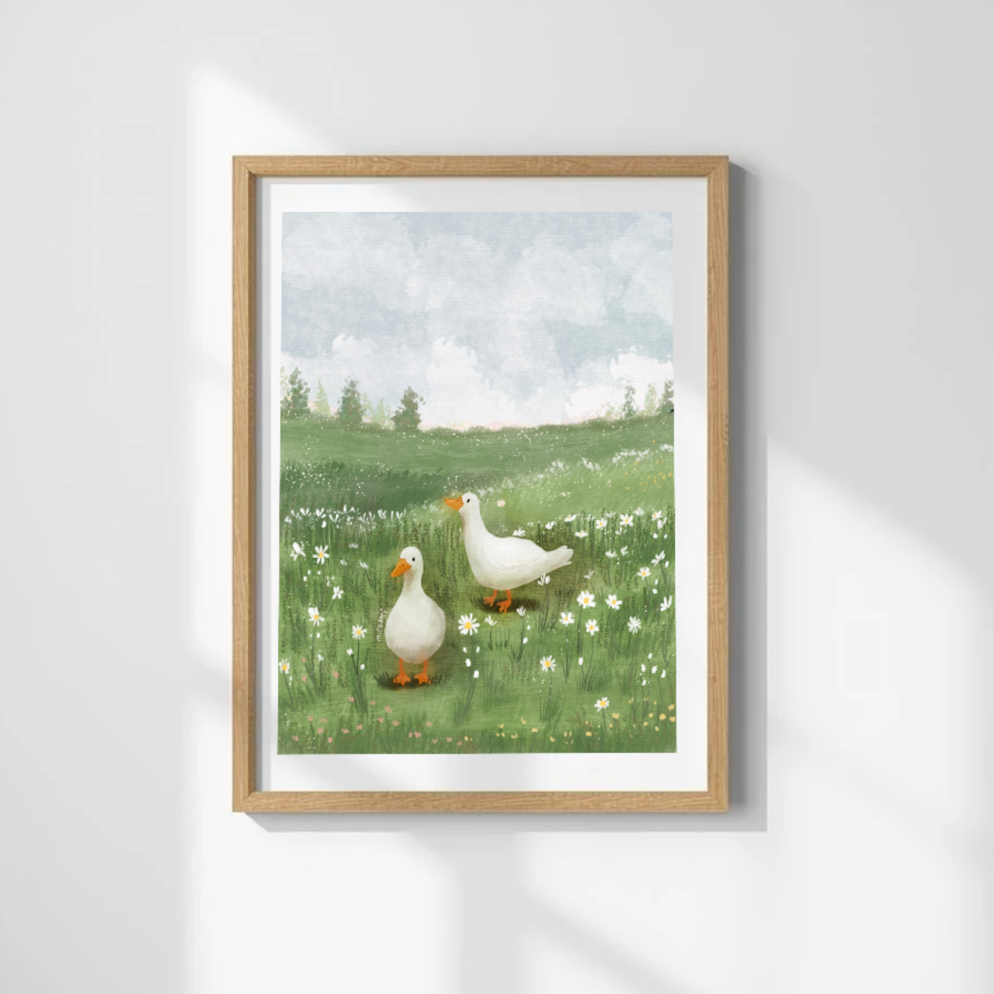 Daisies and Ducks Art Print (Framed)