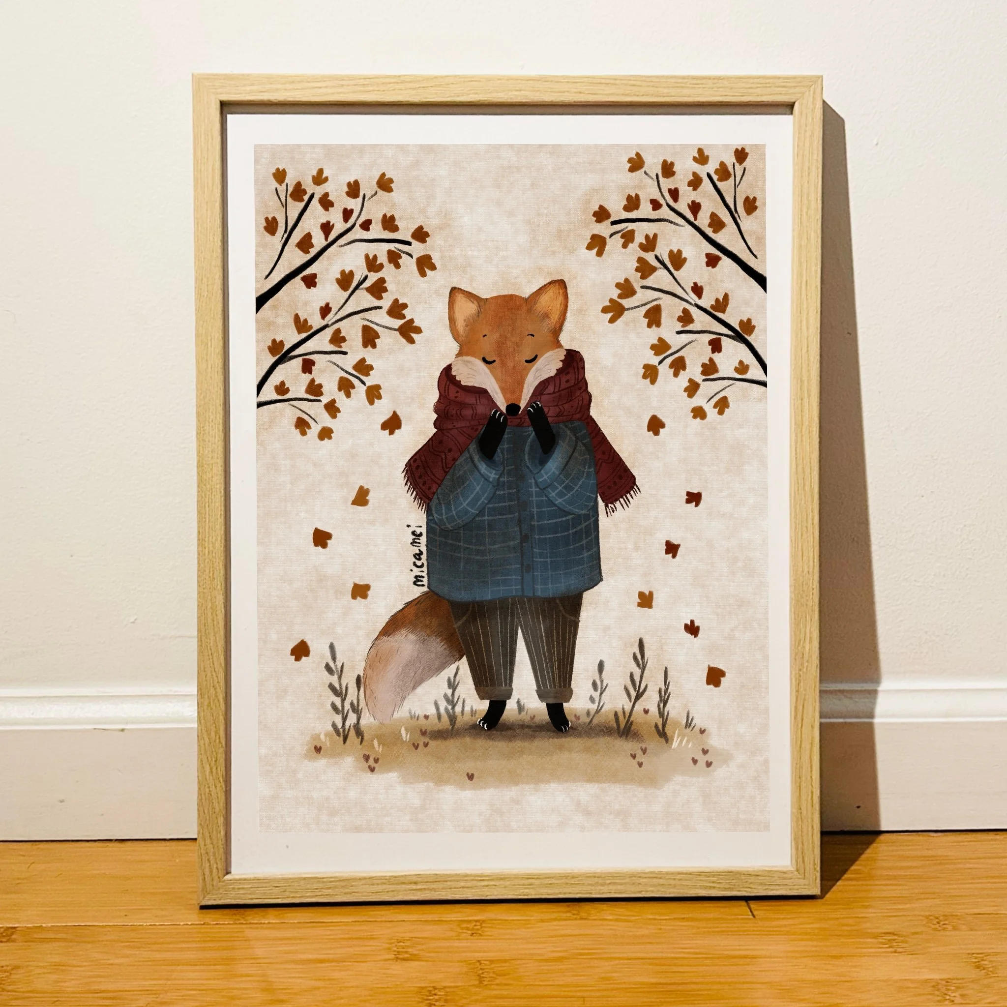 Fox & Falling Leaves Art Print (Framed)
