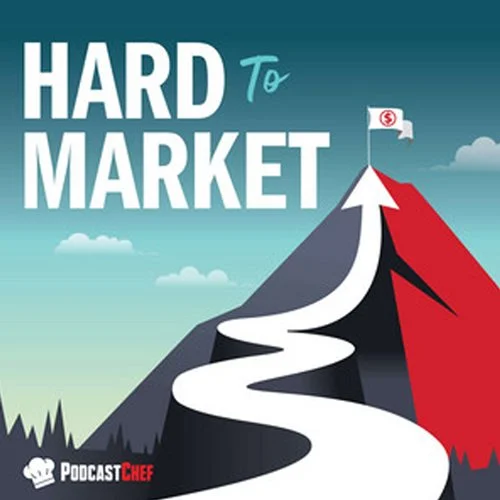 Mountains with a winding path leading to a flag with a dollar sign at the top, and text that reads 'Hard to Market.'