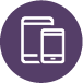 Icon of a mobile phone and a tablet in white on a purple circle background.