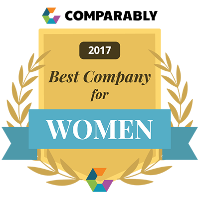 The image is an award certificate that reads '2017 Best Company for Women'. It features a gold and teal color scheme with decorative laurel branches and a multicolored geometric logo at the top and bottom.