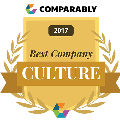 Award badge for 'Best Company Culture' from 2017 with colorful geometric design elements.