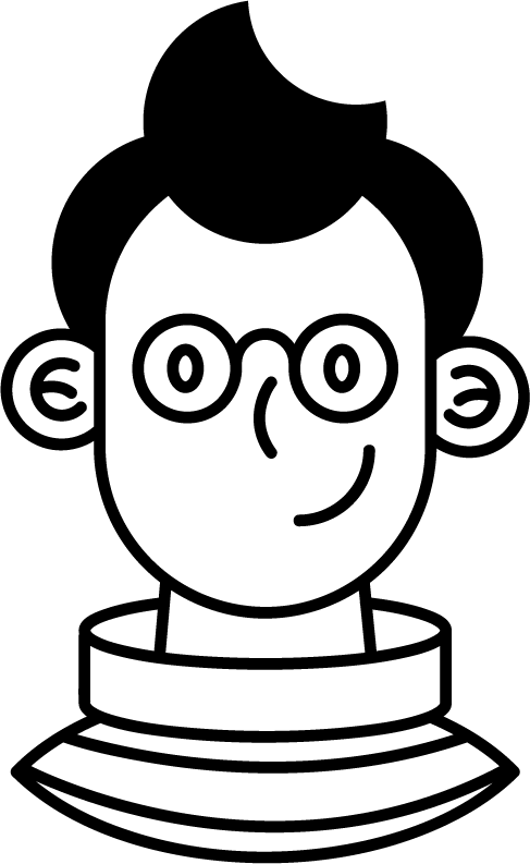 Black and white illustration of a man wearing glasses and smiling.