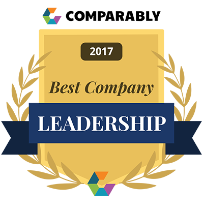 An award badge with a gold-colored background, featuring the text '2017 Best Company Leadership' and decorative hands holding it, with colorful geometric accents.