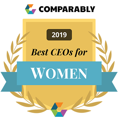 Award badge with text '2019 Best CEOs for WOMEN' surrounded by a gold laurel wreath and colorful geometric accents.