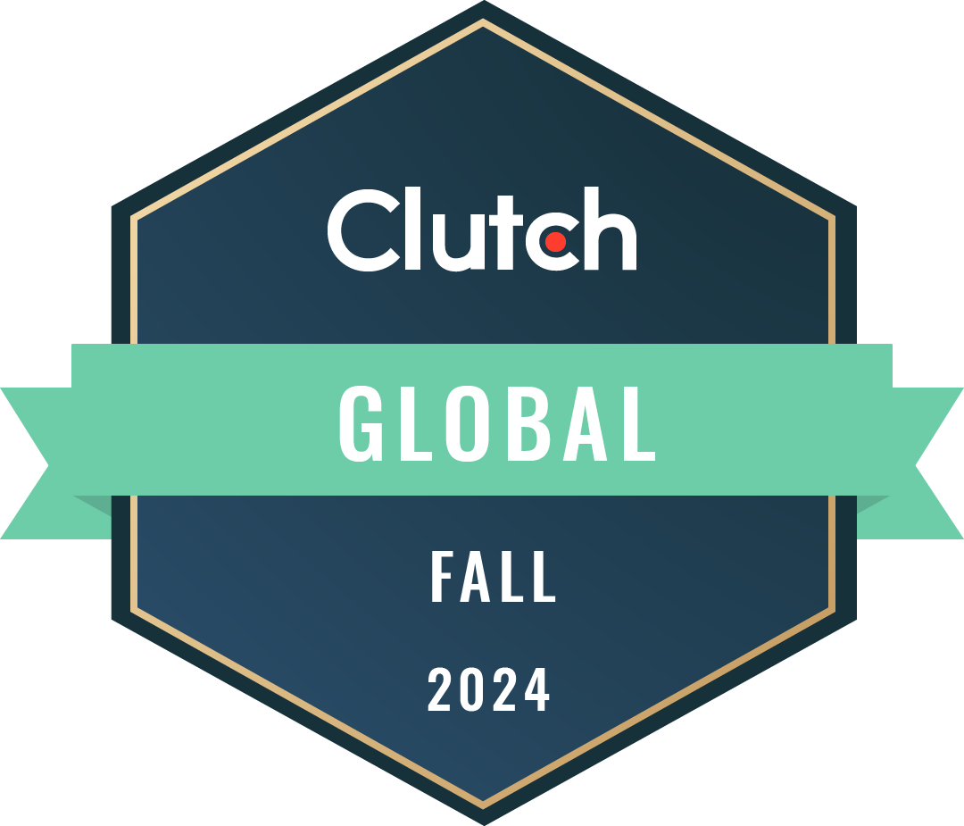 Clutch Global Fall 2024 badge with a dark blue hexagon background, gold border, and a green ribbon banner across the middle.