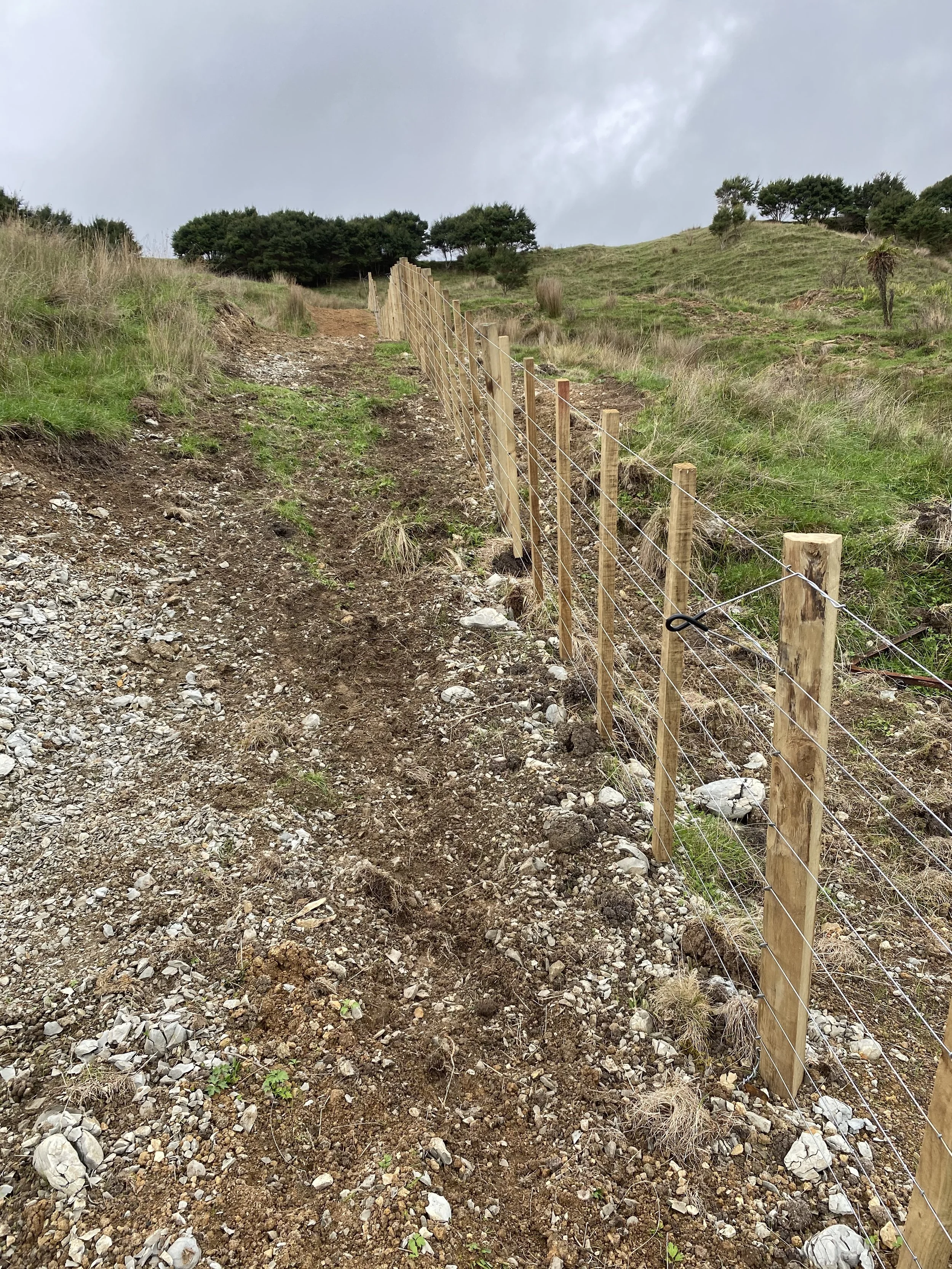 Hilly landscape with a wire and wood fence running along a dirt and rock path, grassy areas, and distant trees under a cloudy sky.