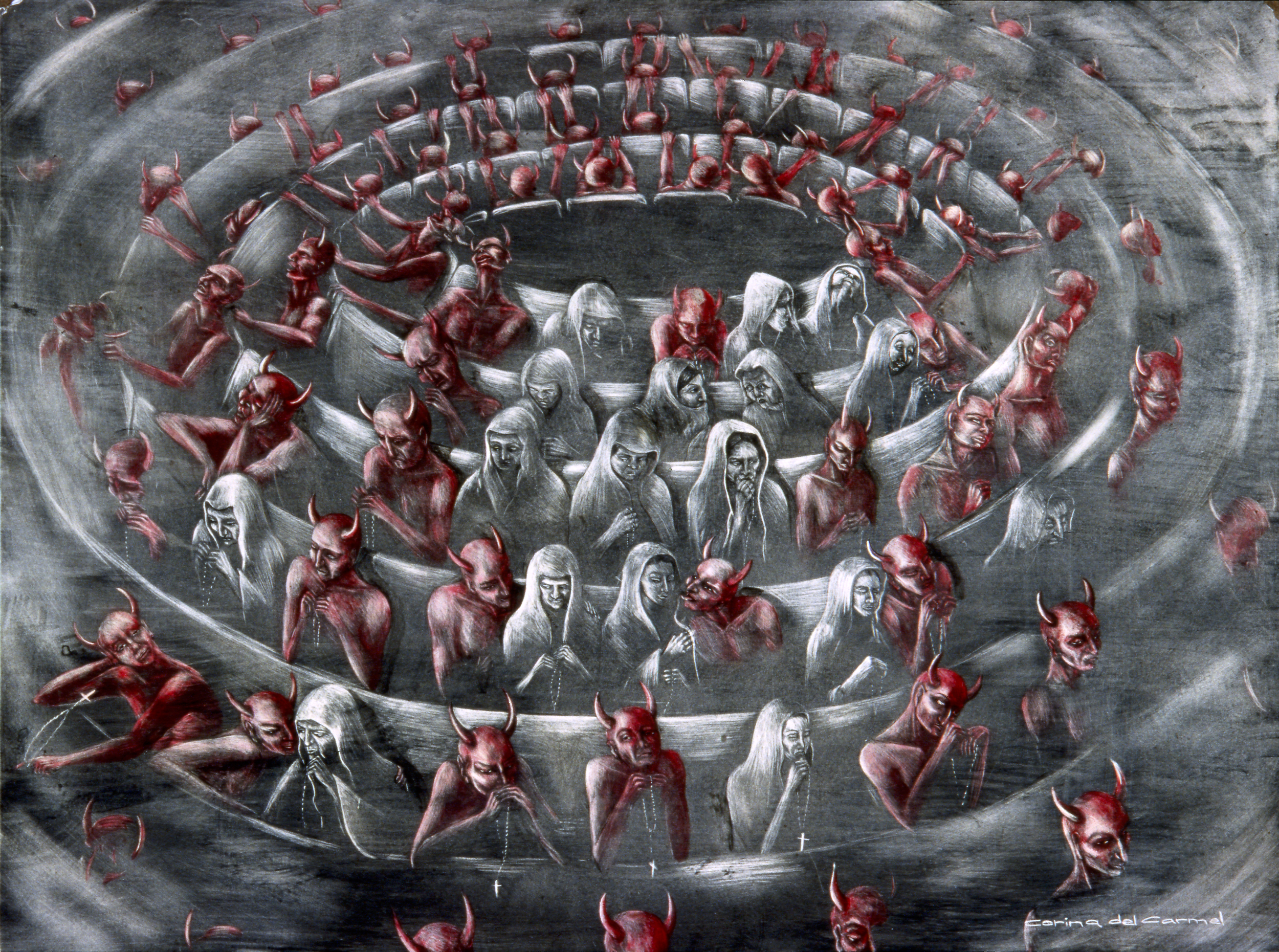 "Rosary in Carrousel". Ink and Oil on board. 30" x 18". Private Collection Mexico.