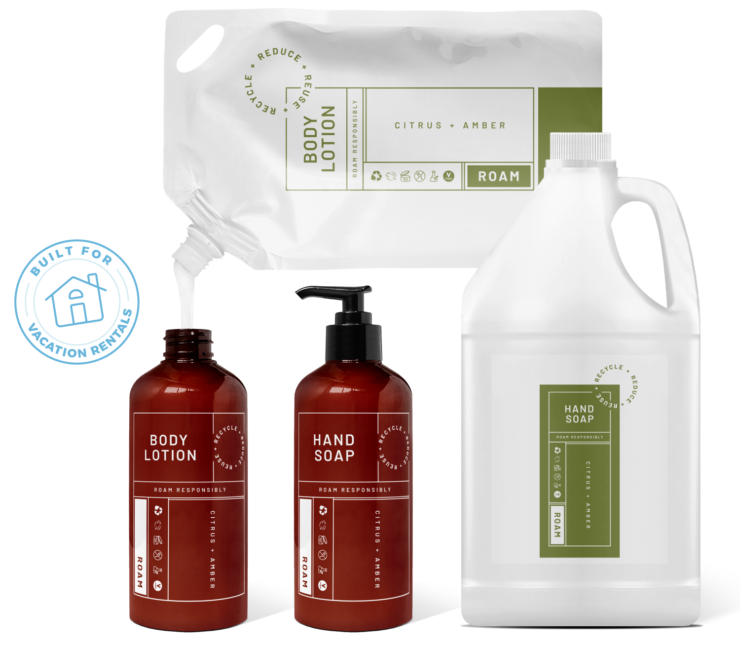 Built for vacation rentals. Refill pouch pouring into amber refill bottles.