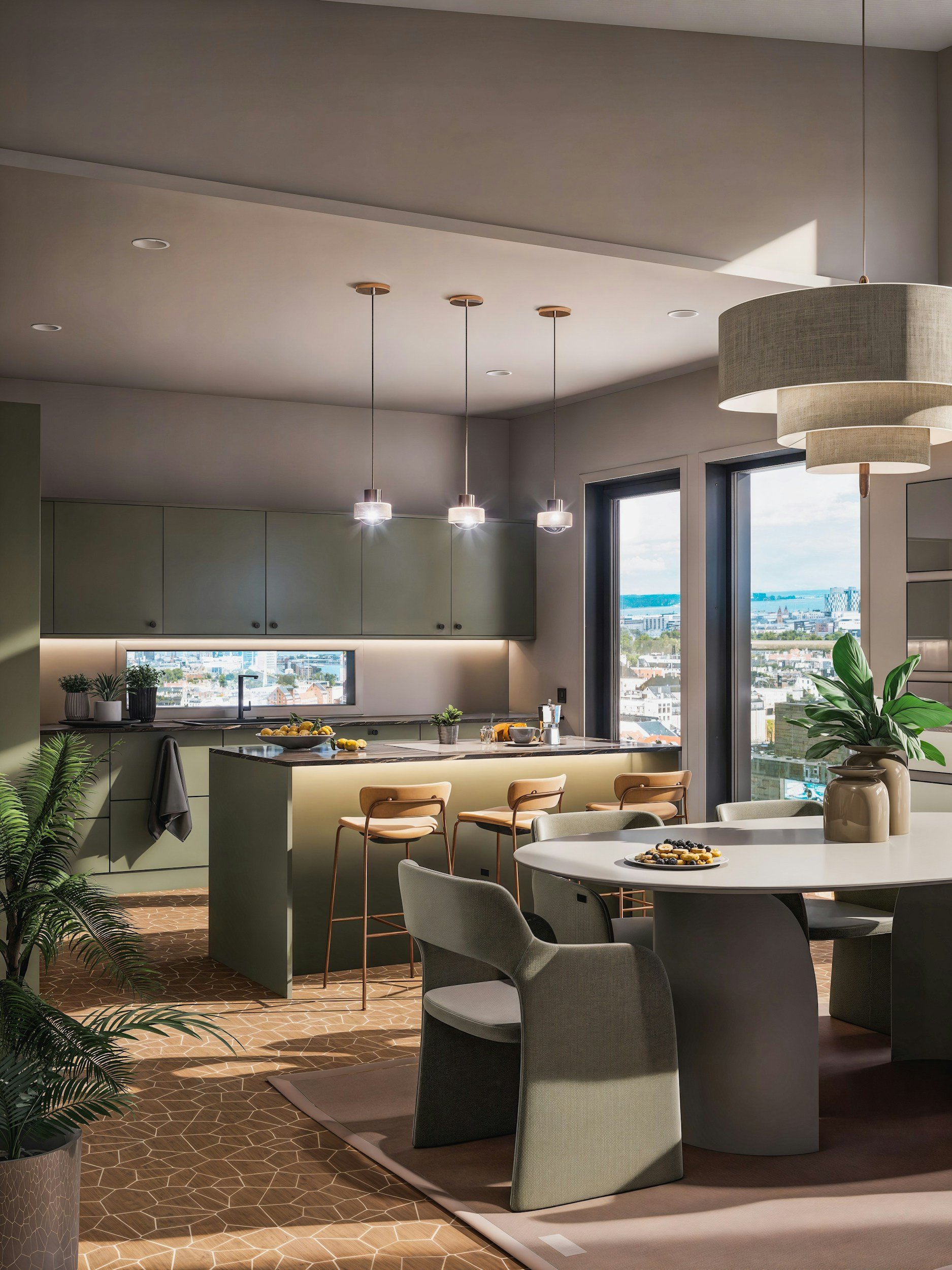 Modern kitchen and dining area with olive green cabinetry, island, and stylish lighting. Features wooden chairs, a round dining table, and large windows with city views.