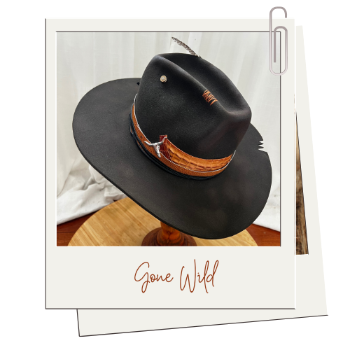 CUSTOM - Charcoal 230g Rabbit Fur Felt Hat with Caramel Leather Details and Cow Skull