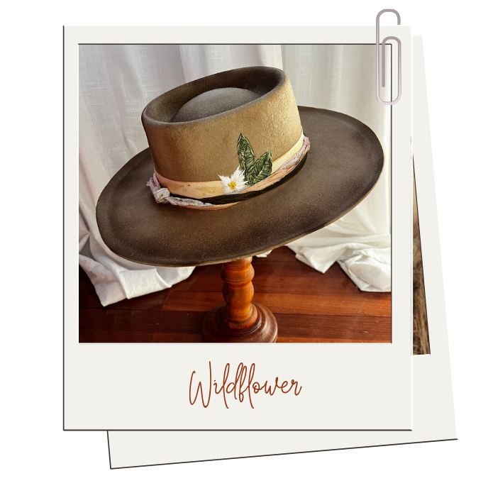 CUSTOM - Exhibition Piece "Wildflowering in Western Downs" Eucalyptus Dyed Rabiit Fur Felt Hat and Embroidery Details in Brim and Crown and multiple layered silk bands