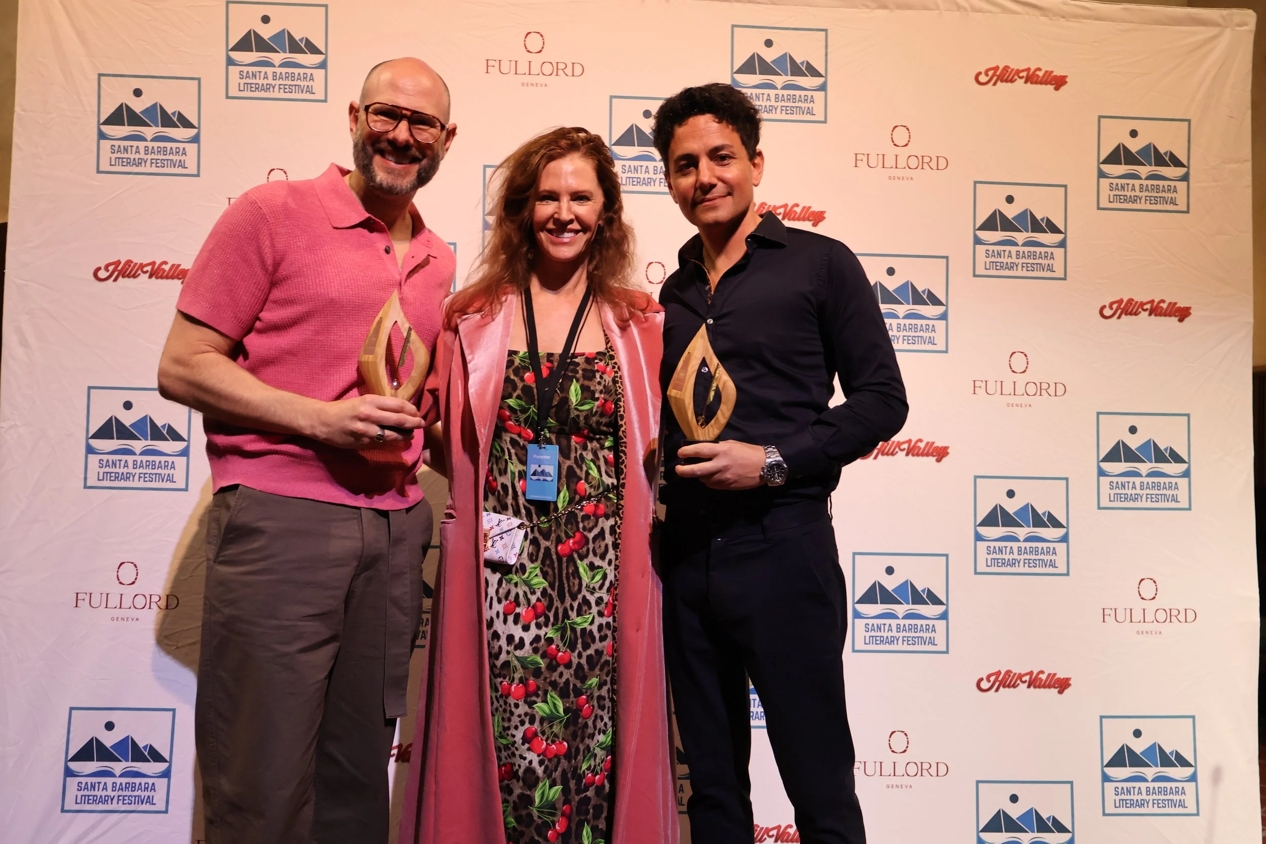 Keynotes Steven Rowley, Founder Leslie Zemeckis and keynote Chris Whitaker with their awards designed by Fullard Jewlers