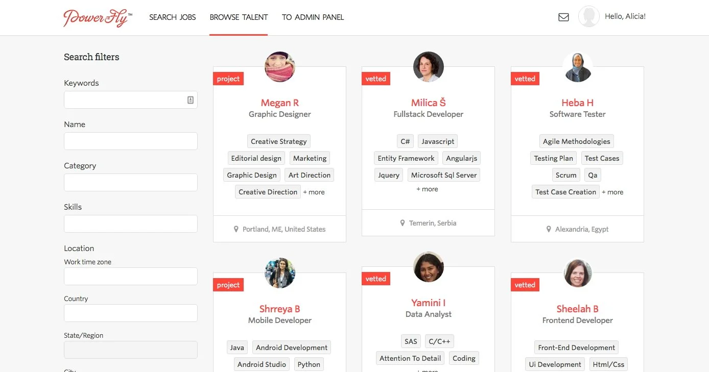 Screenshot of a webpage from PowerToFly displaying profiles of professionals with their skills, locations, and labels like 'project' or 'vetted'. Search filters are on the left for keywords, name, category, skills, location, timezone, country, state/region, and city.