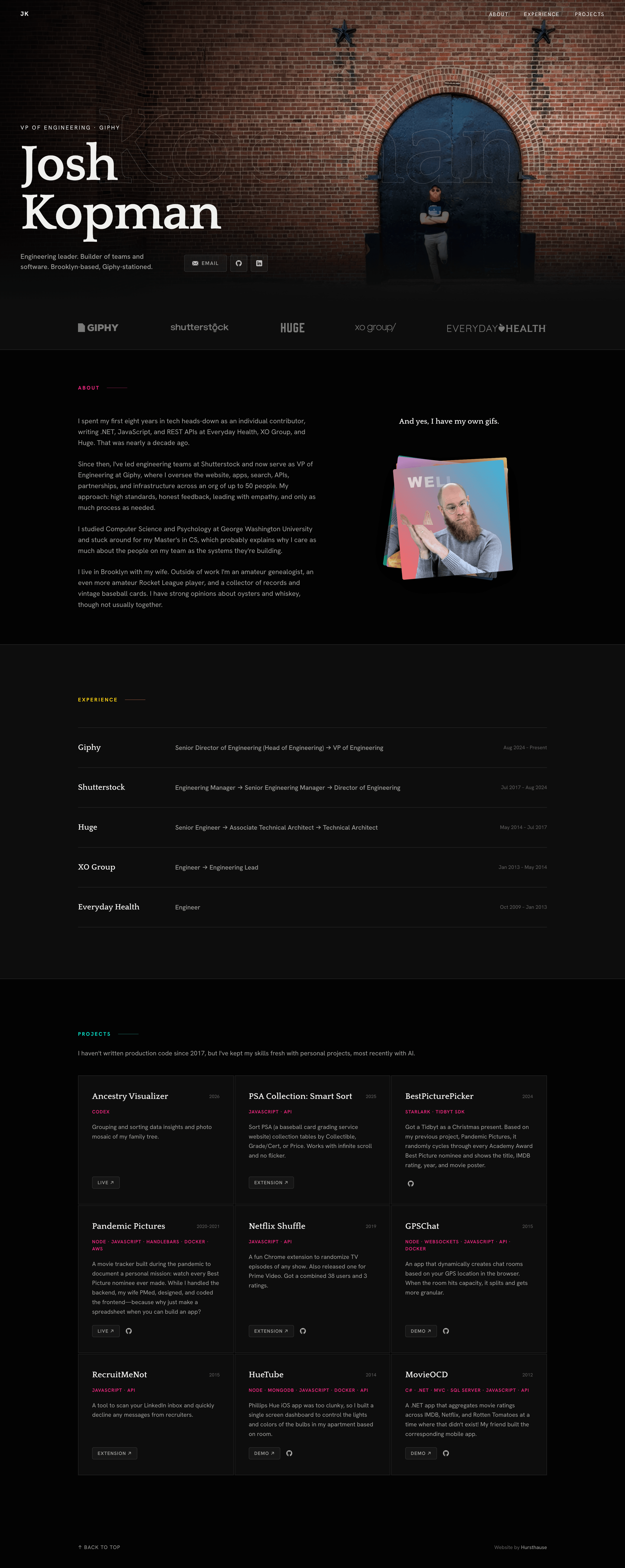Personal website homepage of Josh Kopman, a VP of Engineering at Giphy, featuring a brick wall background with a person leaning against a black arched door, and sections detailing his resume, experience, and projects with descriptions and images.