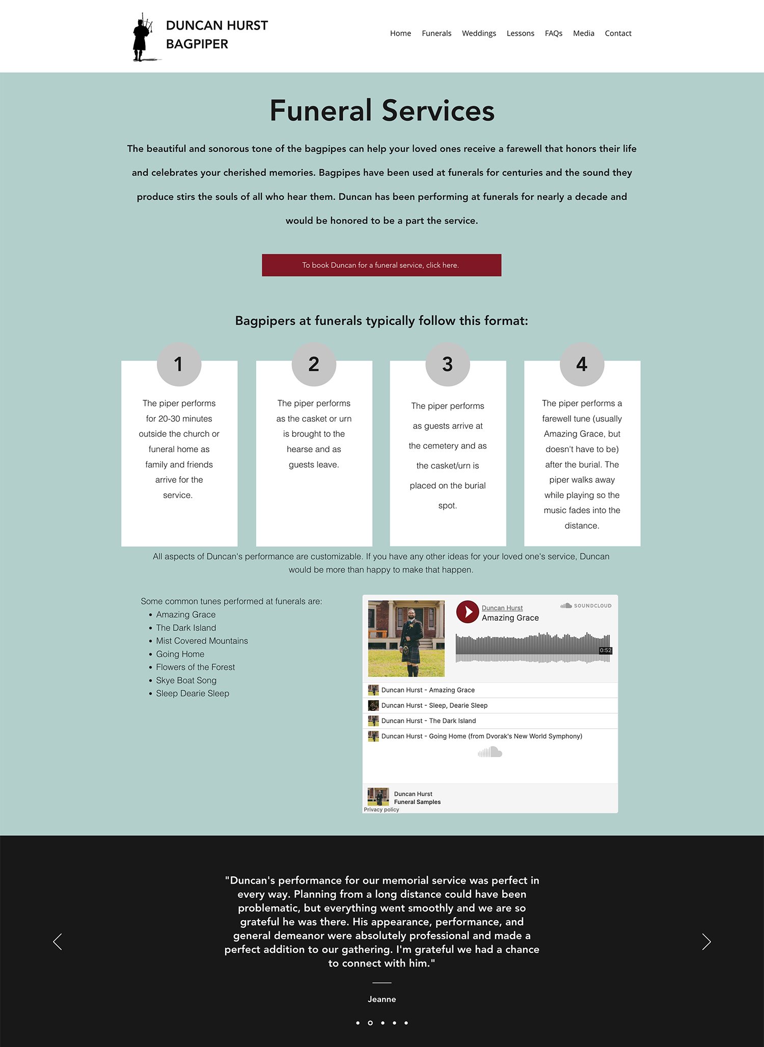 Webpage for Duncan Hurst Bagpiper's funeral services, detailing bagpiper tasks with a four-step format for funerals, customizable options, and audio samples. Includes testimonial at the bottom.