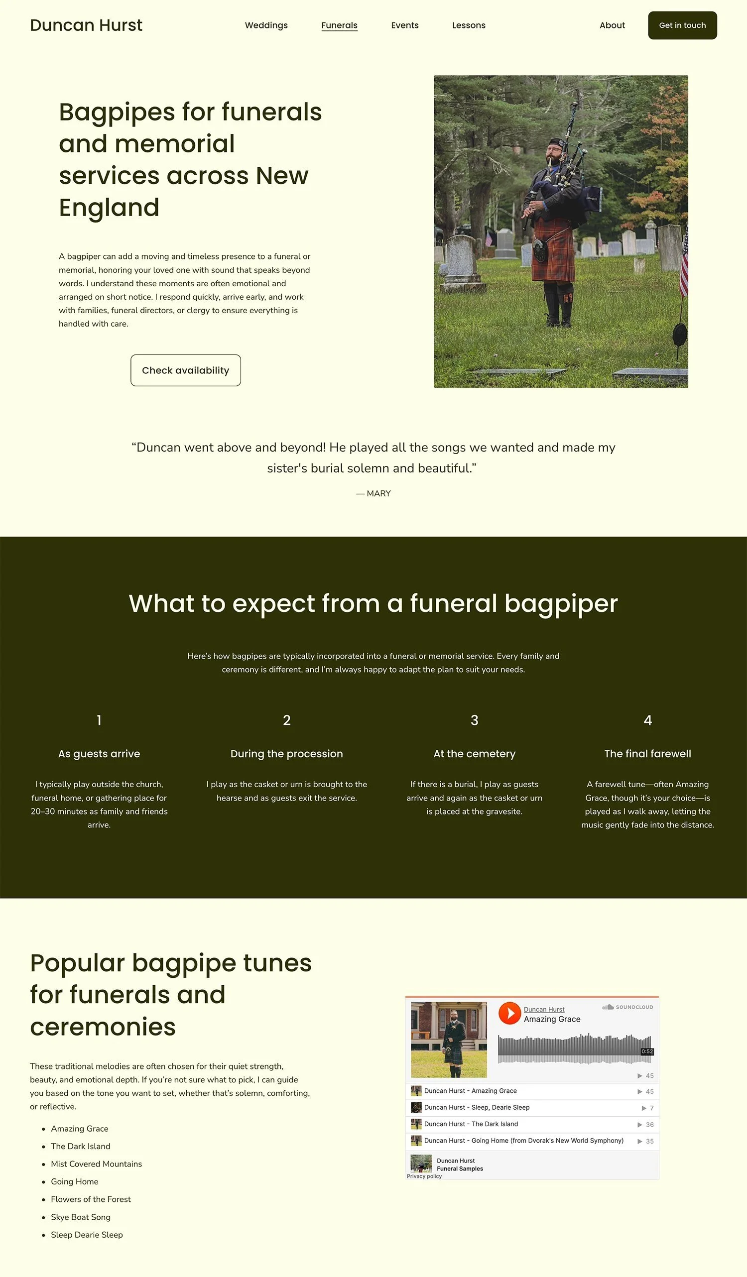 Website offering bagpiper services for funerals in New England. Features sections on expectations, popular tunes, and a testimonial.
