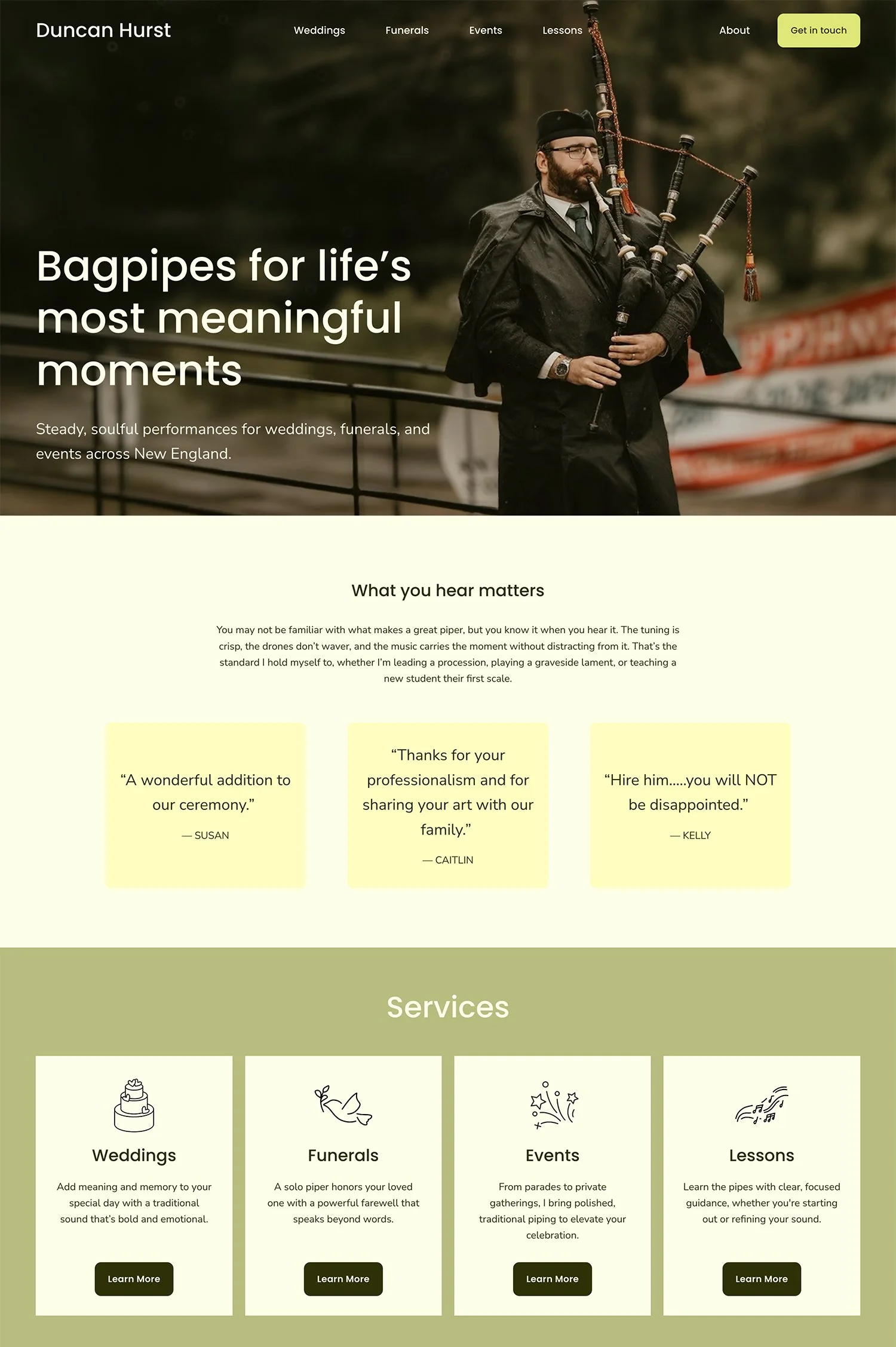 Website homepage showcasing bagpipe services for weddings, funerals, and events with an image of a bagpiper in traditional attire. Includes testimonials and service descriptions.