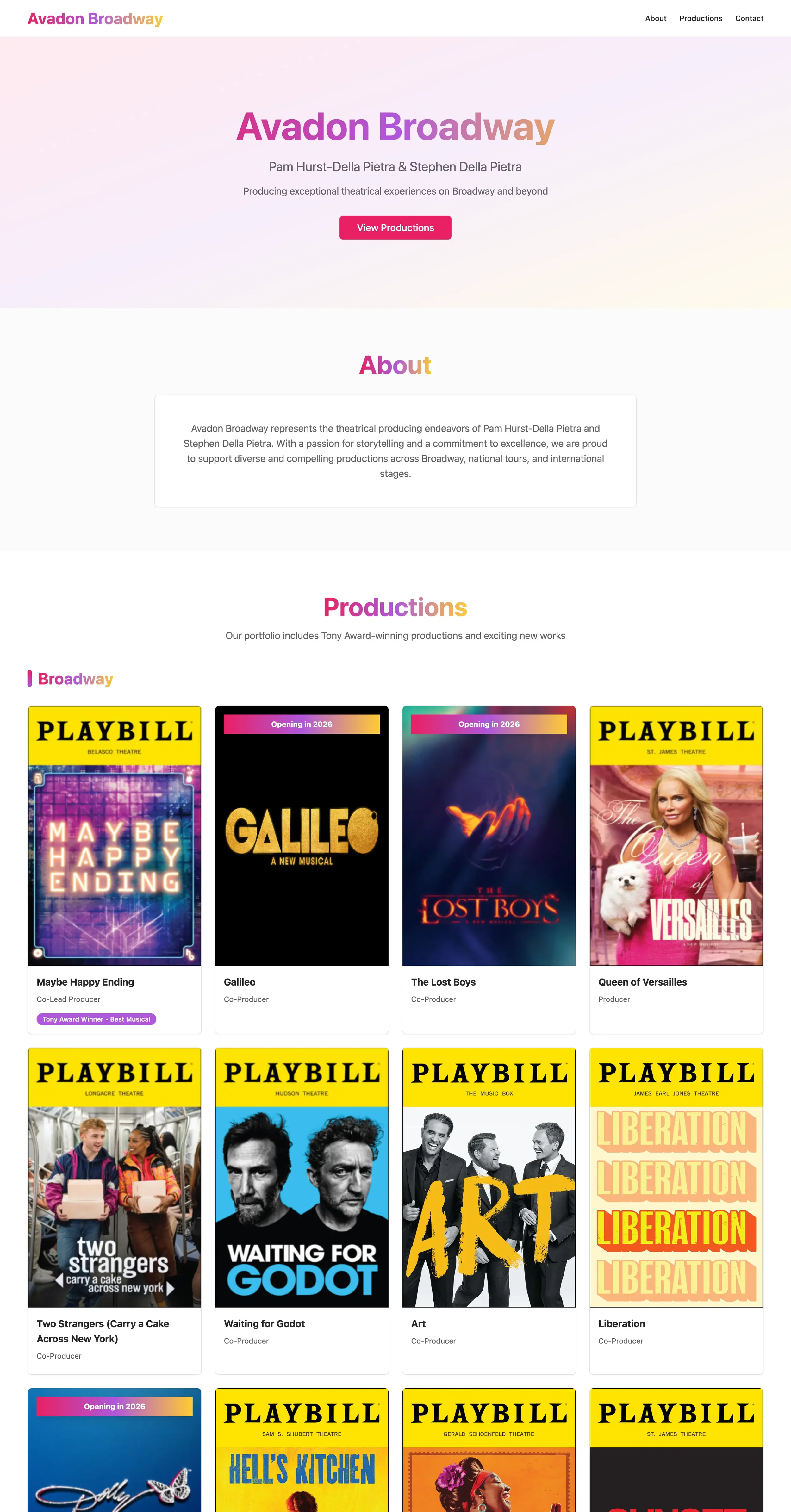 Screenshot of a theater company's website homepage titled 'Avadon Broadway,' showcasing productions and a brief introduction about the company. The webpage features colorful headers, a pink 'View Productions' button, and posters for various plays including 'Maybe Happy Ending,' 'Galileo,' 'The Lost Boys,' 'Queen of Versailles,' 'Two Strangers,' 'Waiting for Godot,' 'Art,' 'Liberation,' and others.