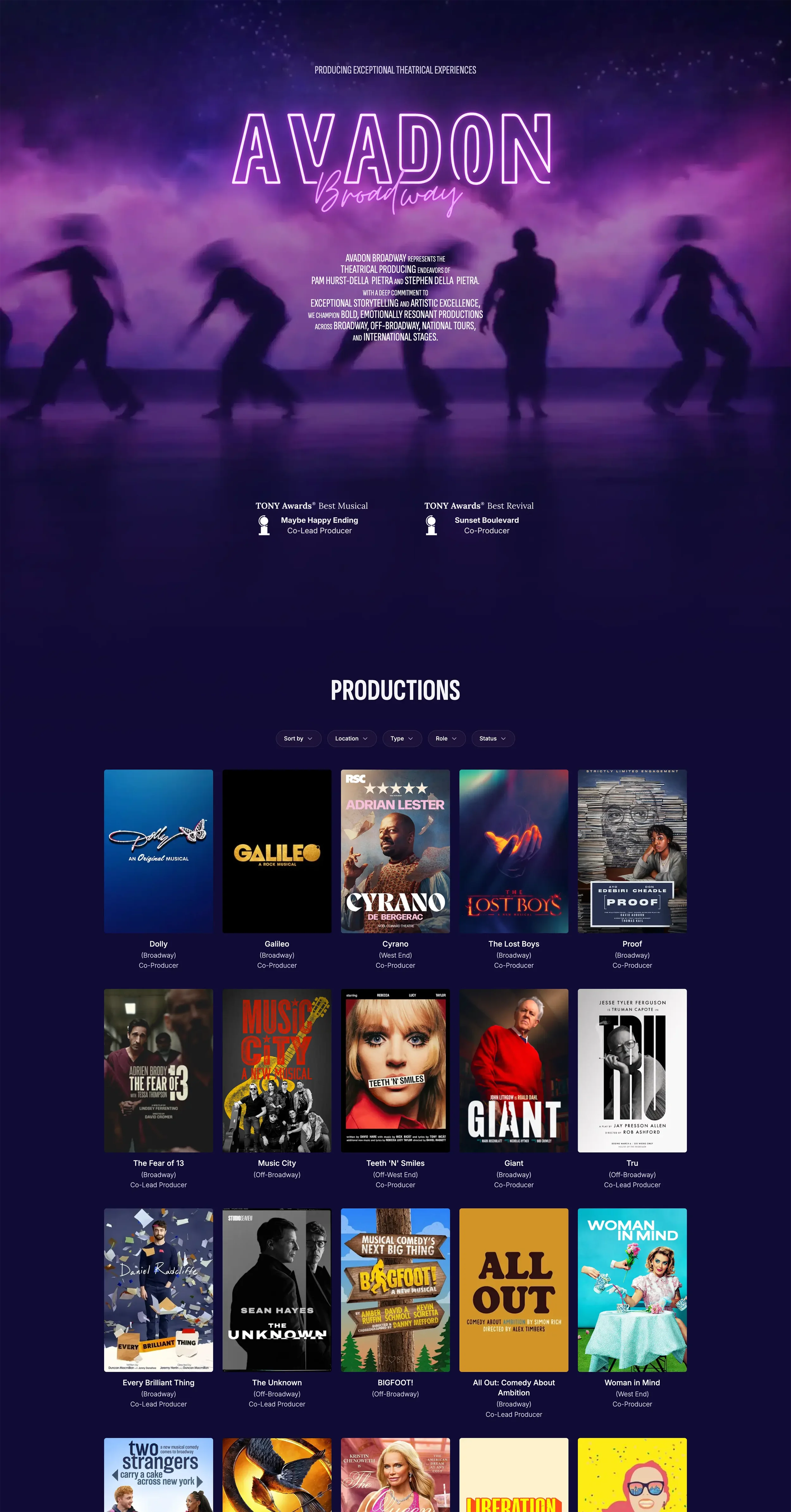 Website homepage for A VADON Broadway theater company showcasing various musical productions against a purple and blue background with dancing silhouettes and information about awards.