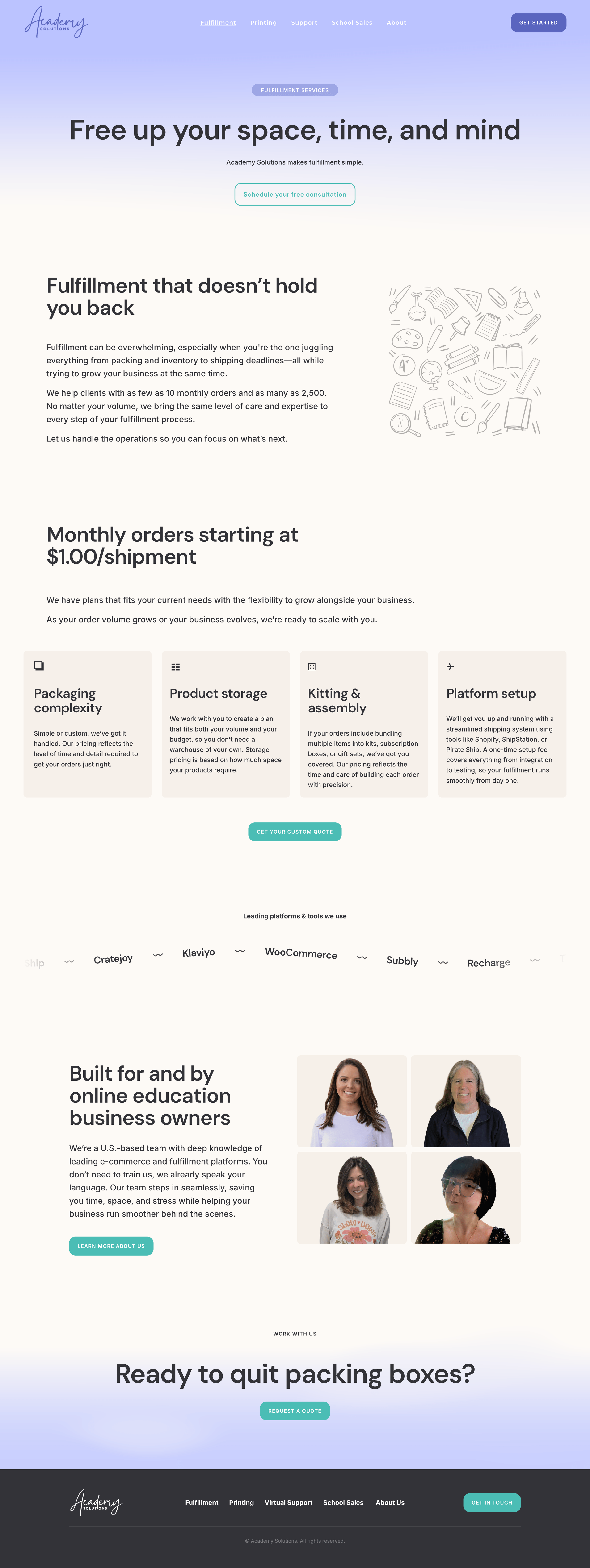 A webpage homepage for Academy Solutions, a fulfillment service provider. The page features a header with navigation links, a main headline about freeing up space, time, and mind, and information on fulfillment services including packaging, storage, and shipping options. There are sections with images of office supplies, team photos, and a footer with additional links and contact options.