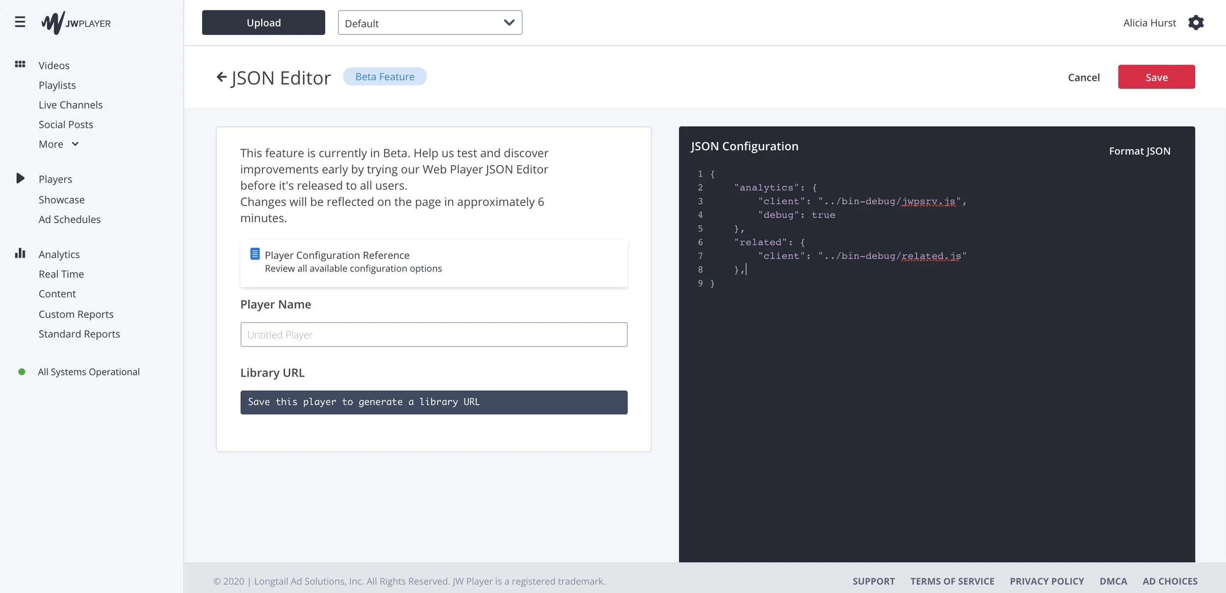 JW Player JSON editor interface showing configuration options. Screen displays JSON Configuration code on the right for analytics and related settings. On the left, input fields for player name and library URL. Sidebar menu includes options for videos, playlists, and analytics. Page header indicates a beta feature test.