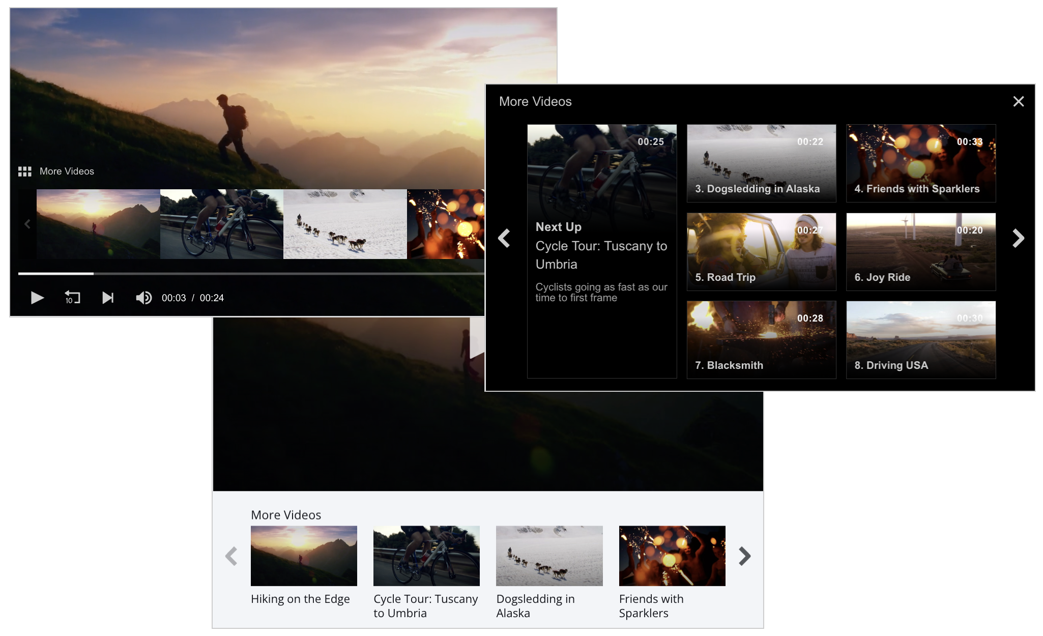 Video player interface showing a landscape video thumbnail with a person hiking at sunset. Below are thumbnail previews of additional videos, including cycling, dogsledding, and sparklers, with titles and durations. A "More Videos" section on the right shows a playlist of video options with thumbnails and titles like "Cycle Tour: Tuscany to Umbria" and "Friends with Sparklers."